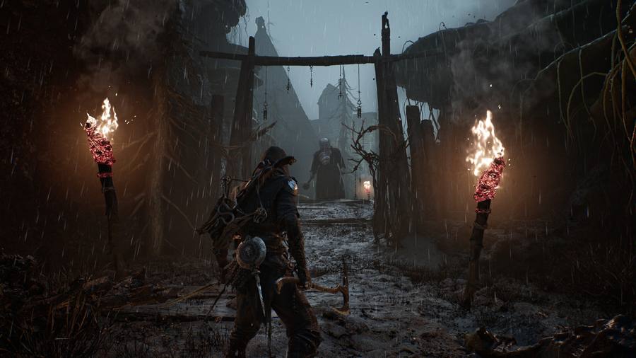 A Shell warrior facing enemies in a misty ruined landscape