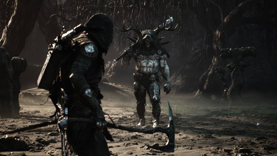 A monstrous boss confronting the player character
